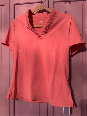 Coral Ruffle V-Neck Short Sleeve Tee